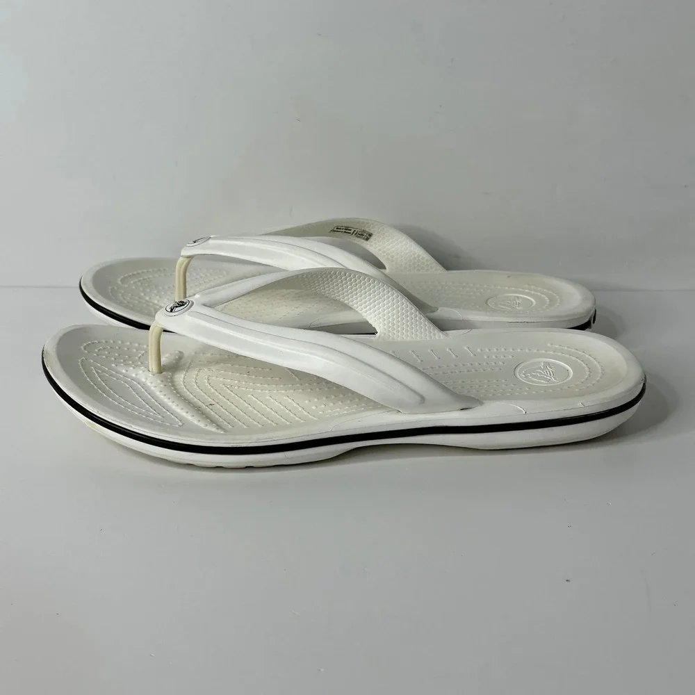 Crocs Crocband Flip Flops White Black 11033 Beach Sandals Mens 9 Womens 11